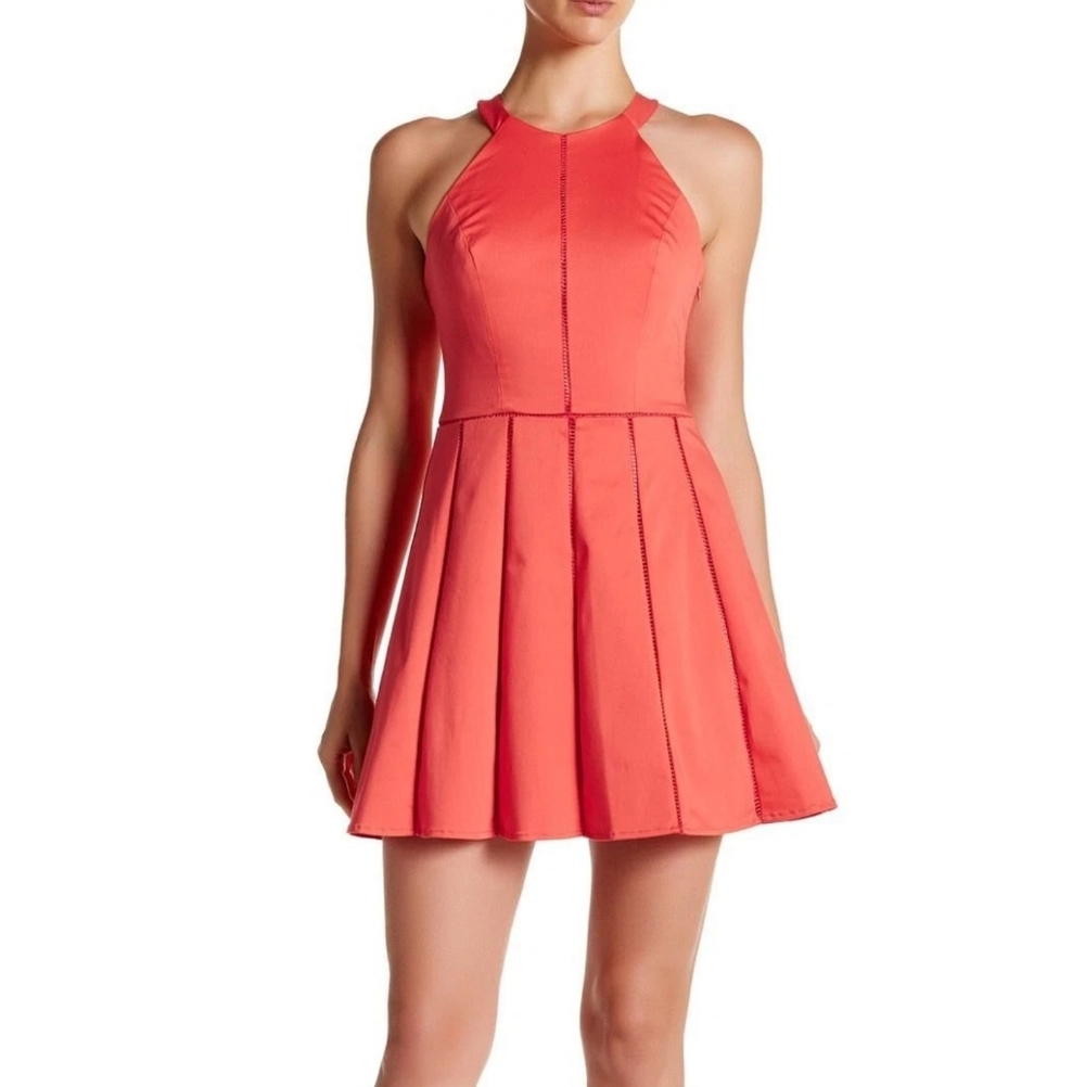 PARKER Coral Cut Out Halter Dress Fit And Flare Above The Knee Pleated XS